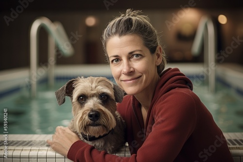 Portrait of a woman relaxing with her dog in a swimming pool