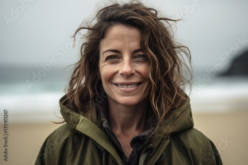 Lifestyle portrait photography of a grinning woman in her 40s wearing a warm parka against a tropical island background. Generative AI © Robert MEYNER