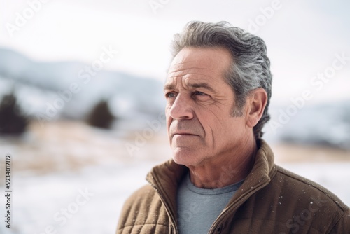 Portrait of a senior man standing outdoors in winter, looking away