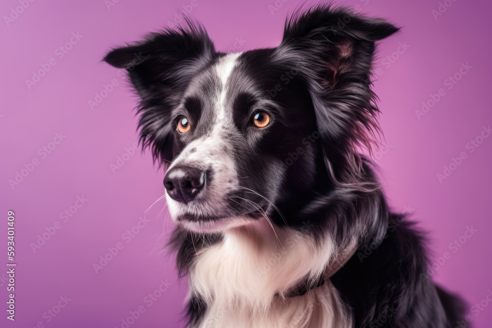 Fototapeta premium Energetic and Lively. Black and White Border Collie playing on a pastel background with space for text. Copy space. Pet concept AI Generative