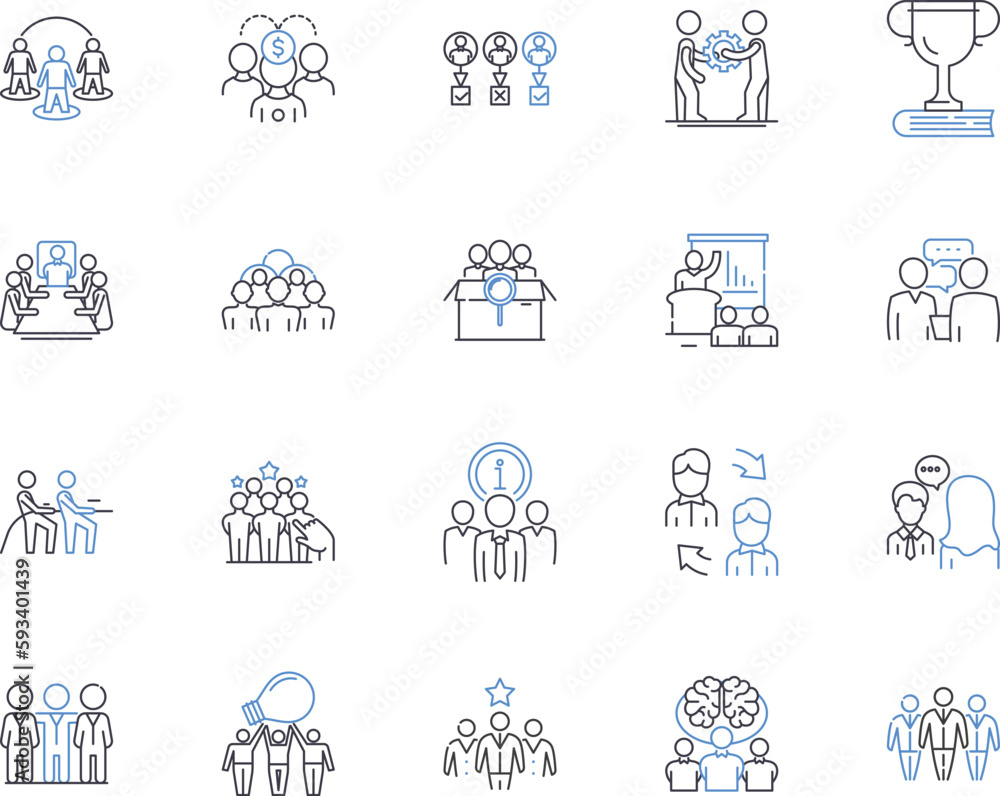 Community and networking outline icons collection. Networking, Community, Connect, Interaction, Conversation, Share, Gather vector and illustration concept set. Socialize, Meet, Network linear signs