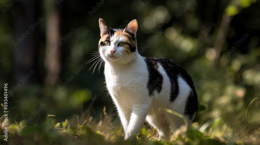 A Japanese Bobtail Cat Posing Among the Shrubs