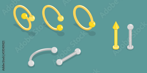 3D Isometric Flat Vector Set of Piercing Jewelry, Accessories Nose, Ears, Lips and Eyebrows