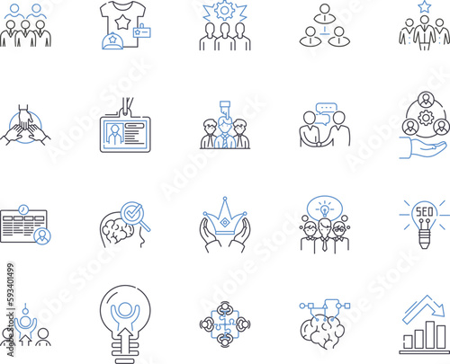 Business organization outline icons collection. Organization, Business, Management, Planning, Strategy, Team, Cooperation vector and illustration concept set. Cooperation, Structure, Goal linear signs