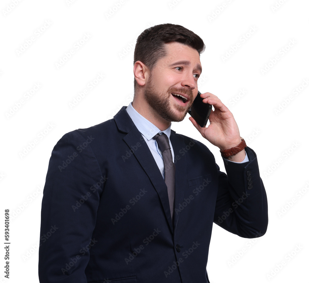 Handsome bearded businessman in suit talking on smartphone against white background Handsome bearded businessman in suit talking on smartphone against white background