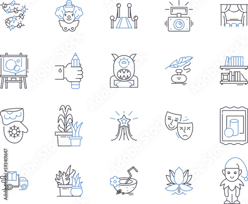 Creative activities outline icons collection. Innovative, Crafting, Drawing, Painting, Designing, Imaginative, Composing vector and illustration concept set. Performance, Scriptwriting, Songs linear