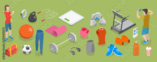 3D Isometric Flat Vector Set of Various Sport Equipment, Fitness Inventory, Gym Accessories