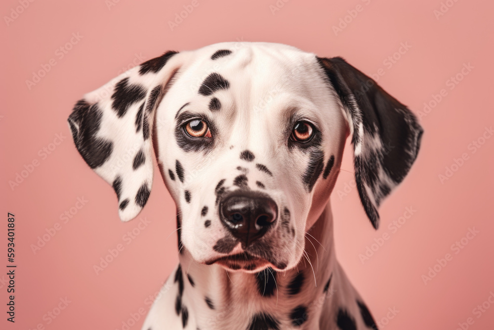 Energetic and Fun. Happy Dalmatian with spots in pastel pink background with space to text. Copy space. Dog concept AI Generative Energetic and Fun. Happy Dalmatian with spots in pastel pink background with space to text. Copy space. Dog concept AI Generative