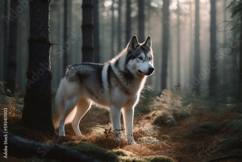 Siberian husky standing on the forest