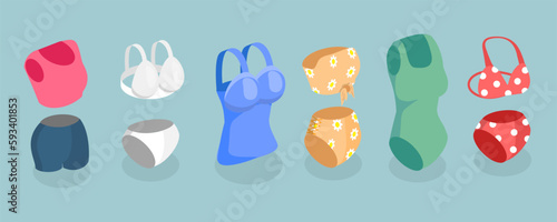 3D Isometric Flat Vector Set of Lingerie And Swimsuits, Female Swimwear
