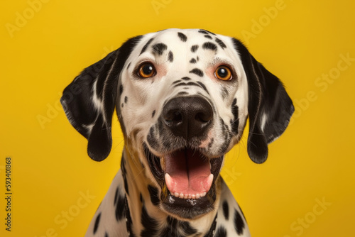 Energetic and Fun. Happy Dalmatian with spots in pastel yellow background with space to text. Copy space. Dog concept AI Generative © Mr. Bolota