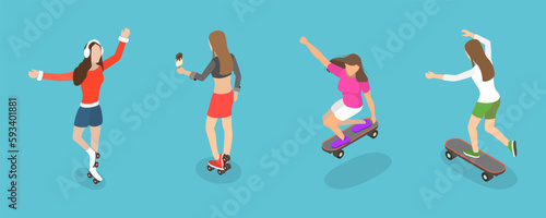 3D Isometric Flat Vector Set of Roller Skating Girls  Summer Rest and Entertainment