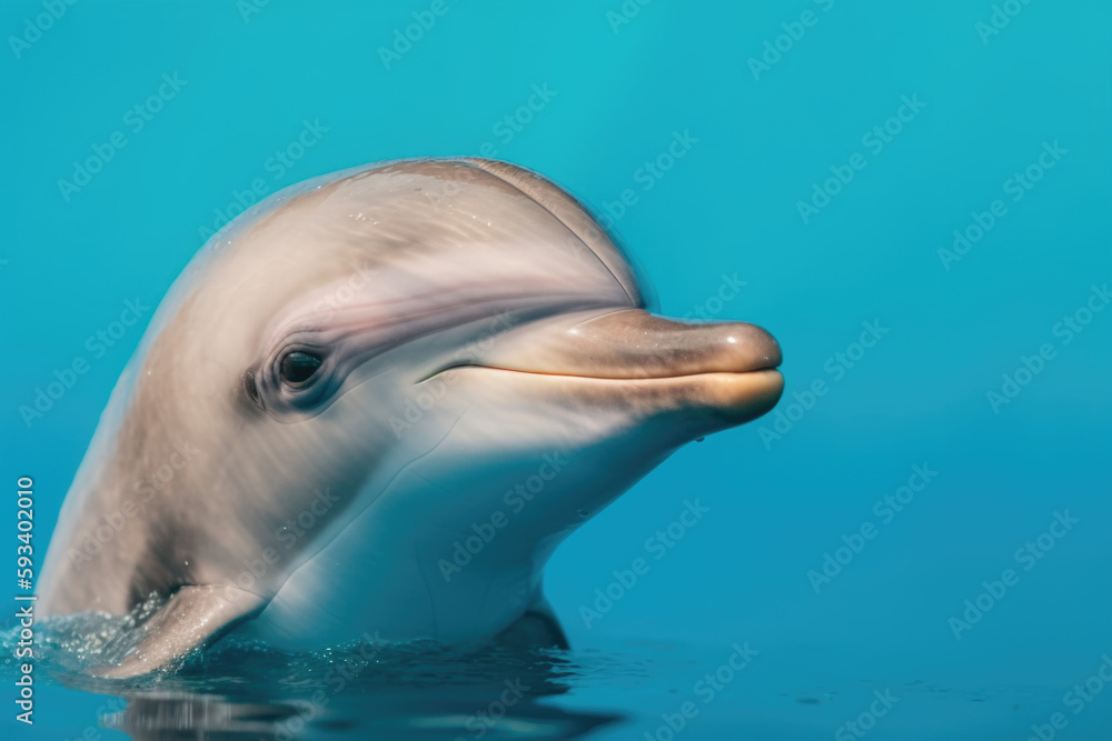 Naklejka premium Joyful Marine Mammal. Playful dolphin isolated on pastel blue background. Copy space. Marine life concept AI Generative