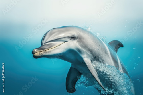 Joyful Marine Mammal. Playful dolphin isolated on pastel blue background. Copy space. Marine life concept AI Generative