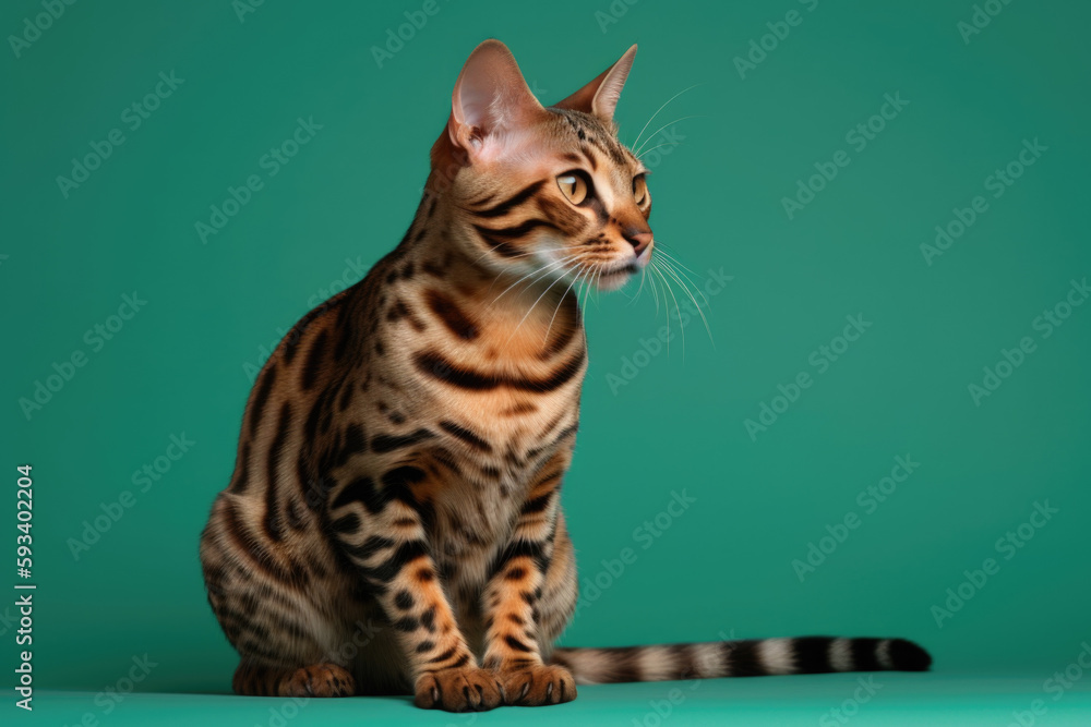 Agile Feline. Sleek Bengal Cat with Green Pastel Background. Copy Space for Text. AI Generated Agile Feline. Sleek Bengal Cat with Green Pastel Background. Copy Space for Text. AI Generated