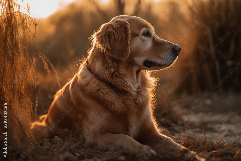 Portrait golden retriever in the sunset