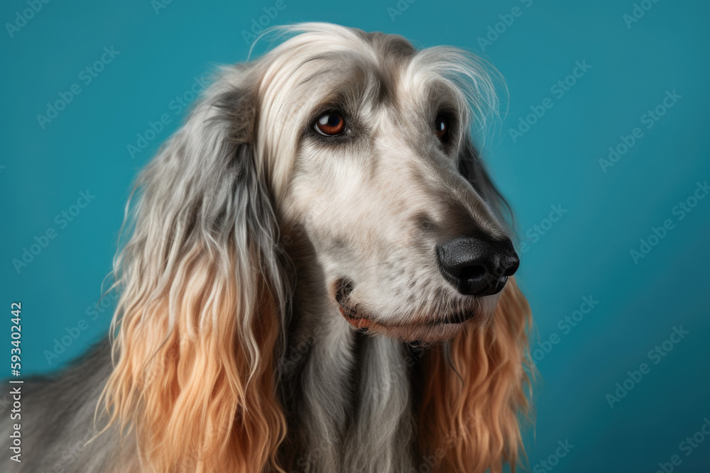 Regal Beauty. Elegant Afgan Hound with luxurious long fur isolated on pastel blue background. Copy space. Pet concept AI Generative Regal Beauty. Elegant Afgan Hound with luxurious long fur isolated on pastel blue background. Copy space. Pet concept AI Generative