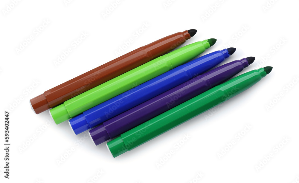 Many different colorful markers on white background, top view