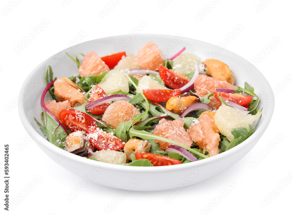 Delicious pomelo salad with tomatoes and mussels in bowl isolated on white Delicious pomelo salad with tomatoes and mussels in bowl isolated on white
