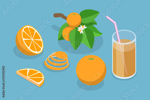 3D Isometric Flat Vector Set of Orange Fruit, Whole and Slices, Branch with Leaves
