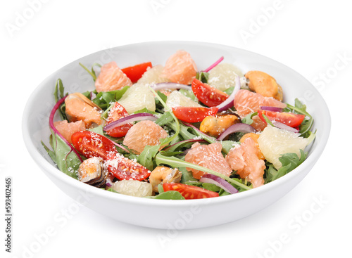 Delicious pomelo salad with tomatoes and mussels in bowl isolated on white