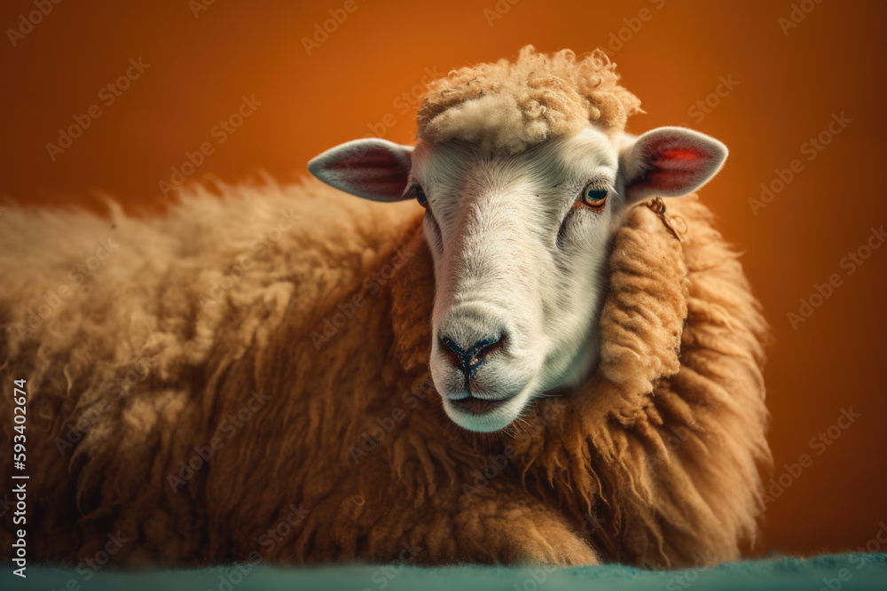 Fluffy Fleece. A domestic sheep with its woolly coat, isolated on a yellow pastel background with space for text. Copy space. Agriculture concept AI Generative