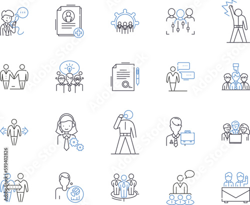 Office coworkers outline icons collection. Colleagues, Coworkers, Teammates, Staff, Associates, Bureaucrats, Compatriots vector and illustration concept set. Managers, Executives, Peers linear signs