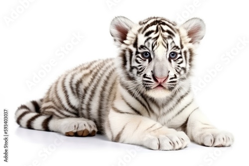 majestic white tiger resting on a snowy white ground. Generative AI