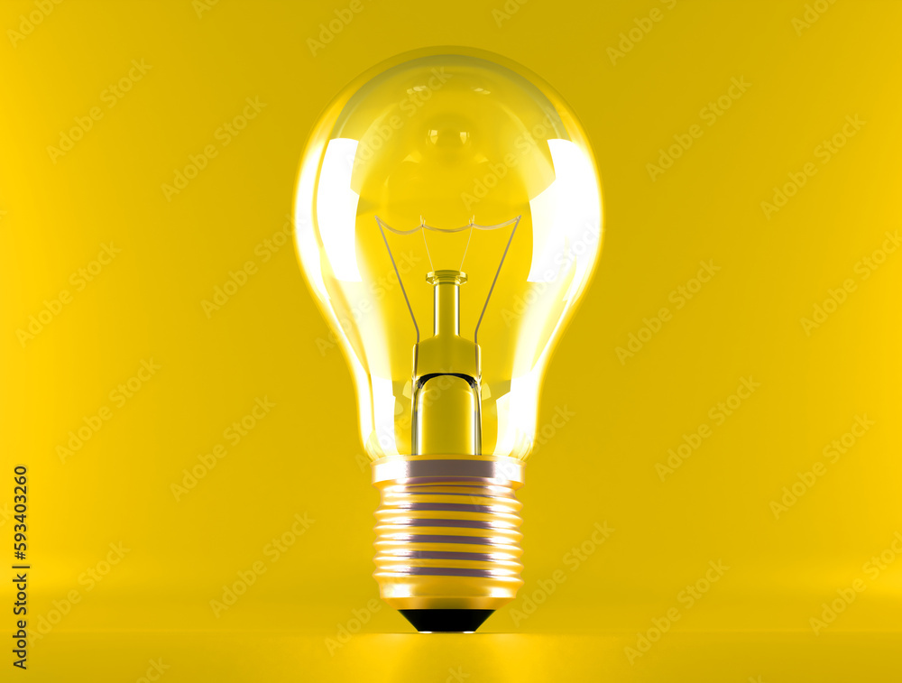 Light bulb on bright with yellow background. Minimalist concept, bright idea concept, isolated lamp. 3d render illustration Light bulb on bright with yellow background. Minimalist concept, bright idea concept, isolated lamp. 3d render illustration