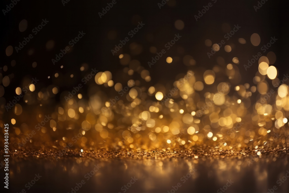 Golden glitter particles on a dark backdrop with shiny metallic texture and bokeh lights. Shiny decoration for festive celebration and glamour party. AI Generative.