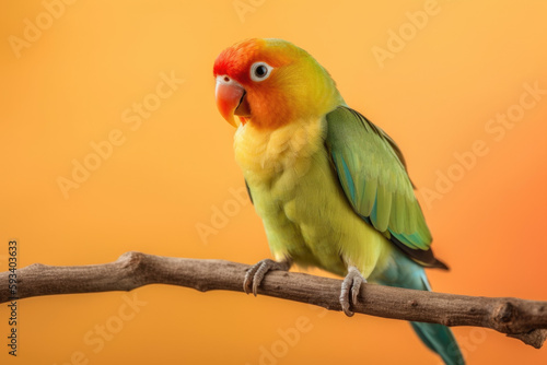 Cheerful Lovebird. Happy and lively green and red parrot isolated on pastel pink background with space for text. Copy space. Pet concept AI Generative