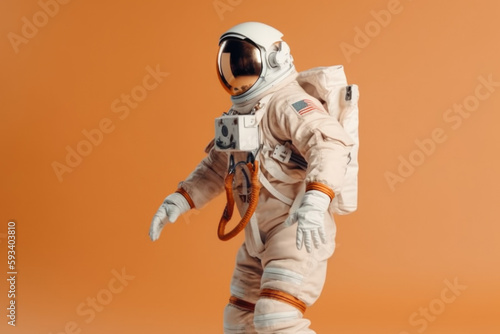 Exploring the Cosmos. Astronaut doing poses in a space suit, isolated on a pastel background with space for text. Copy space. Space exploration concept AI Generative