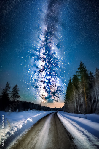 The milky over-the-snow road, style of Norwegian nature, dark sky-blue, and light magenta. Generative Ai. © Saulo Collado