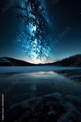 The milky over-the-snow road  style of Norwegian nature  dark sky-blue  and light magenta. Generative Ai. 