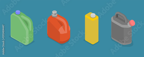 3D Isometric Flat Vector Set of Blank Plastic Canister, Gasoline Fuel Storage
