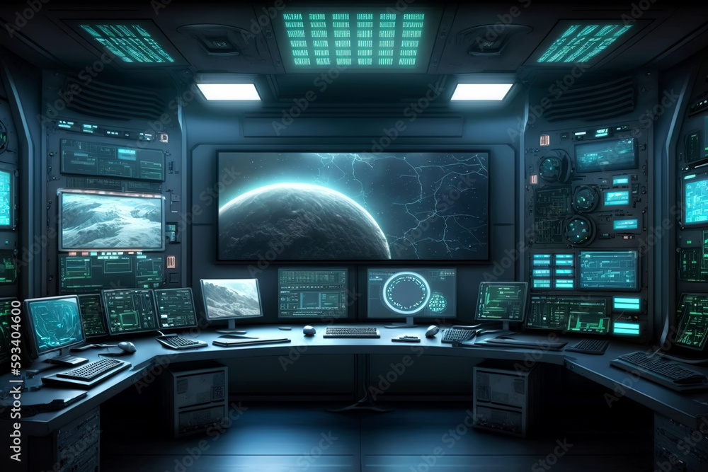 Control room with screens and computers, interior of command center, generative AI - obrazy, fototapety, plakaty 