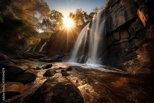 waterfall in autumn with light exposure