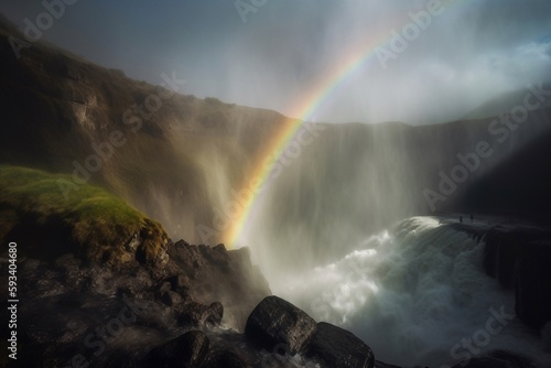 beautiful rainbow over the waterfall
