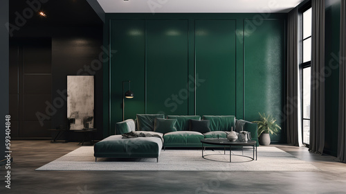 A modern living room in a minimalist millenium crib  high ceiling and filled with This midnight green