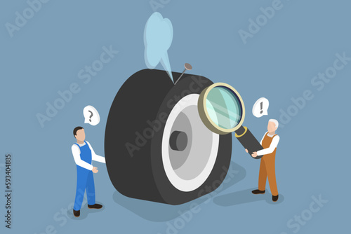 3D Isometric Flat Vector Conceptual Illustration of Punctured Car Wheel, Flat Tyre