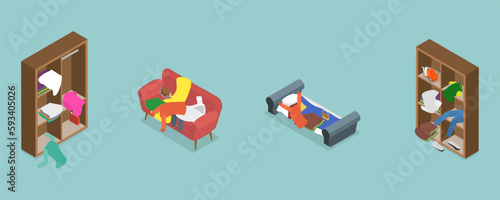 3D Isometric Flat Vector Set of Scattered and Messy Clothes, Chaos, Disorder and Storage Disorganization
