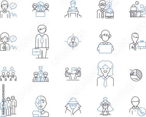 Office job outline icons collection. Office, Job, Administrative, Clerk, Manager, Secretary, Assistant vector and illustration concept set. Human, Resources, Analyst linear signs