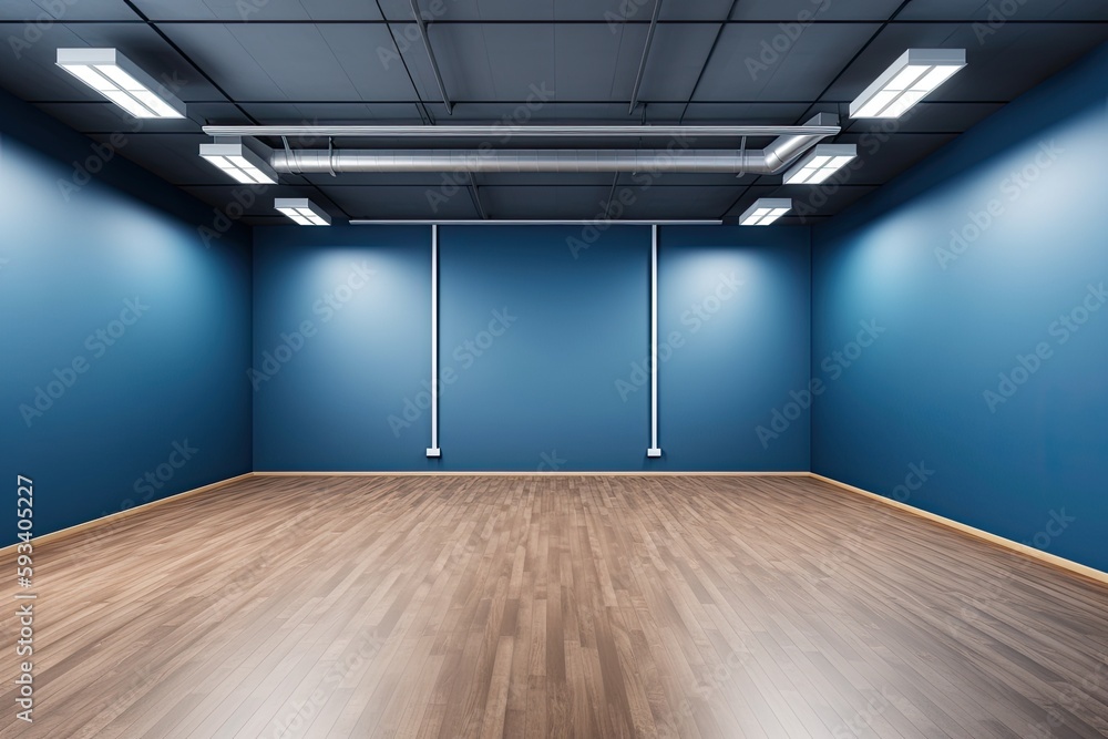 an Empty Room with Blue Walls and Wooden Floors. Generative AI an Empty Room with Blue Walls and Wooden Floors. Generative AI
