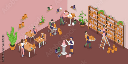 3D Isometric Flat Vector Conceptual Illustration of Pottery Workshop, Artist During Handicraft