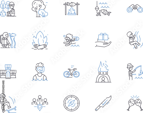 Tourism technologies outline icons collection. Tourism, Technologies, Travel, Innovation, Mobile, Applications, Automation vector and illustration concept set. Software, Digital, Social linear signs
