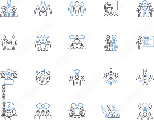 Meeting outline icons collection. Conclave, Conference, Forum, Gathering, Dialogue, Symposium, Rendezvous vector and illustration concept set. Assemblage, Caucus, Colloquy linear signs