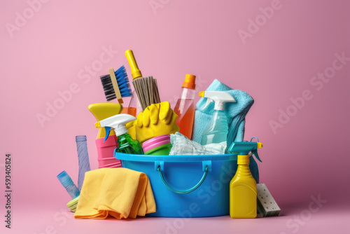 Home Tasks. Efficient Cleaning Service. Cleaning supplies on a pastel background. Copy space. Hygiene concept AI Generative