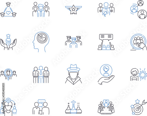 Coaching and business outline icons collection. Coaching, Business, Consulting, Training, Mentorship, Leadership, Strategy vector and illustration concept set. Management, Teach, Facilitate linear