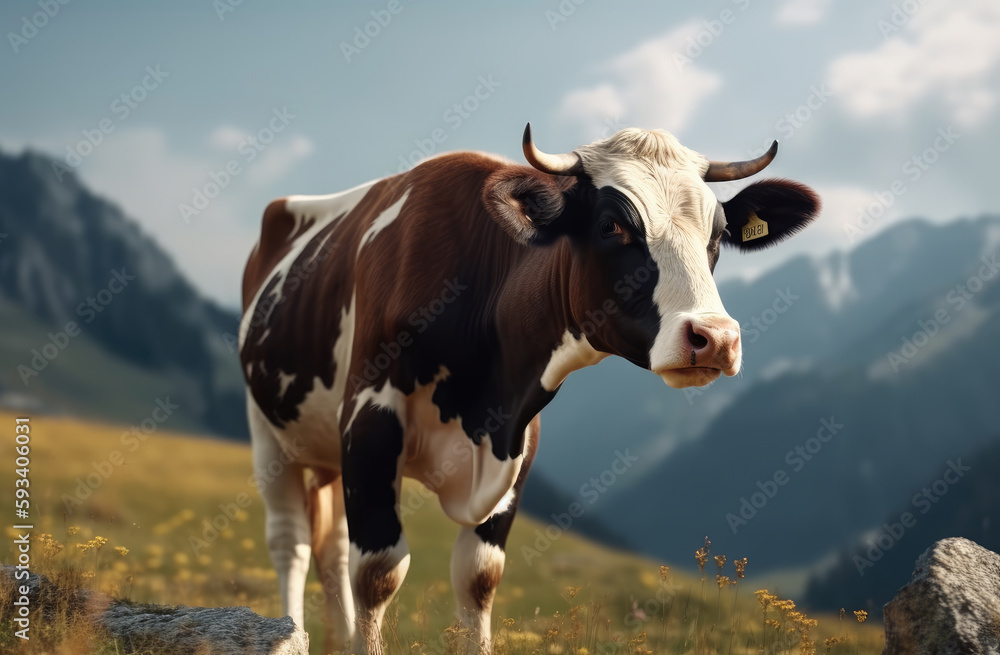 A cow standing in a field, playful. Generative Ai.
