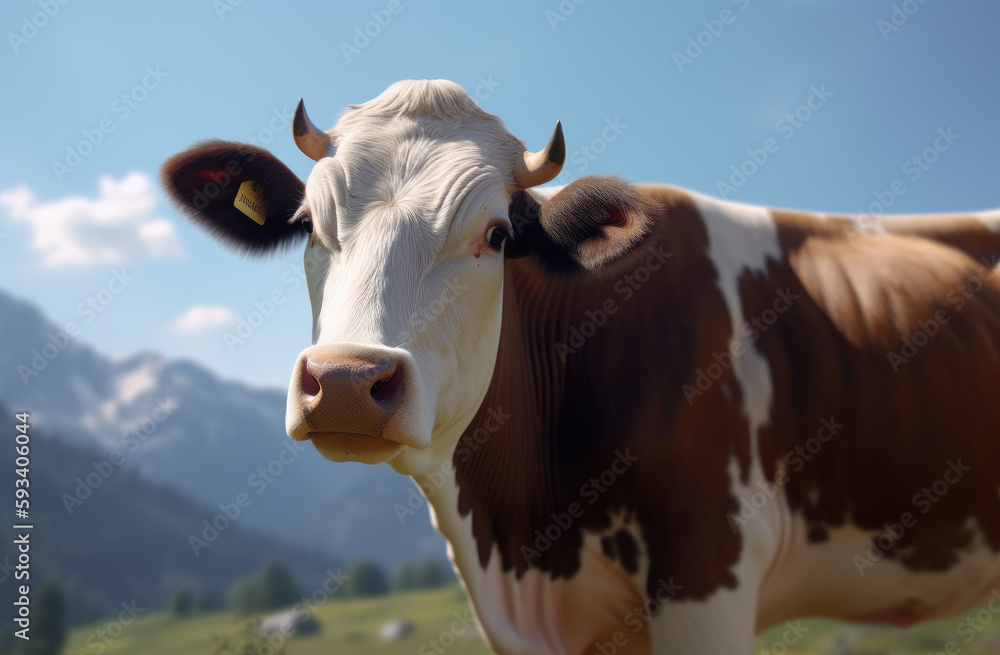A cow standing in a field, playful. Generative Ai.
